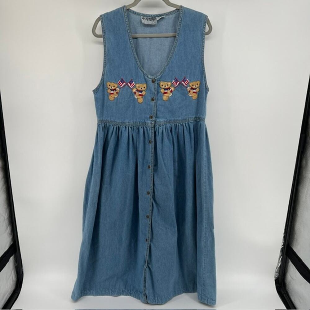 VTG Denim Jumper Dress Womens S/M Embroidered Teddy Bears July 4 Patriotic Flags